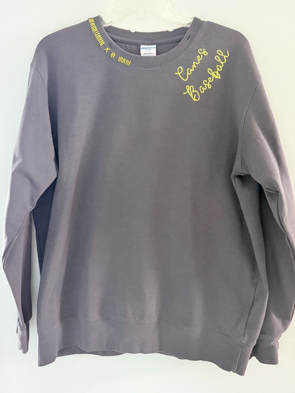 Gray Crewneck Sweatshirt with Yellow Canes Baseball Script